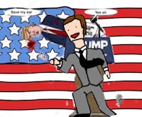 a cartoon of trump holding an american flag